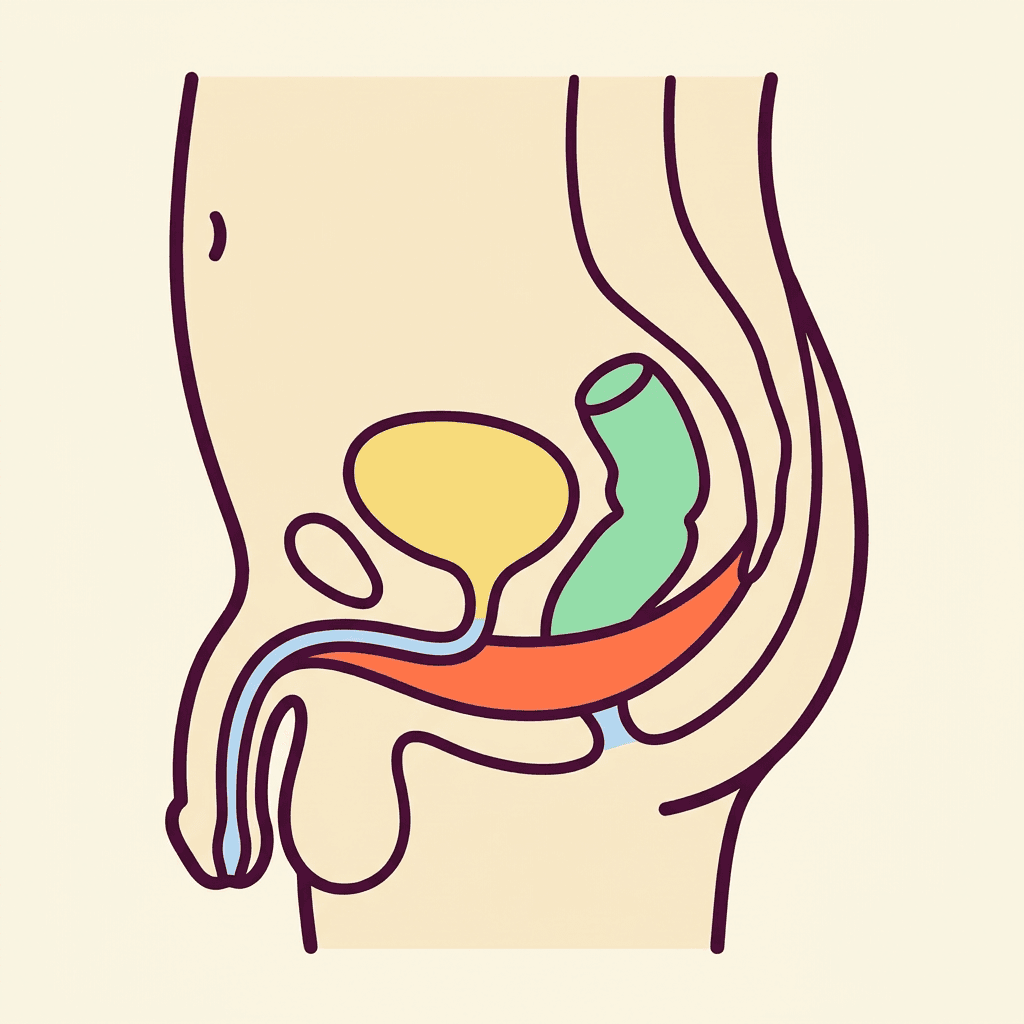 Cutaway side view of a man's pelvis. A thick band of muscle runs across the whole base of the pelvis underneath the bladder and rectum, like a hammock. Squeezing lifts the band upward; releasing lets it drop and bulge gently downward.