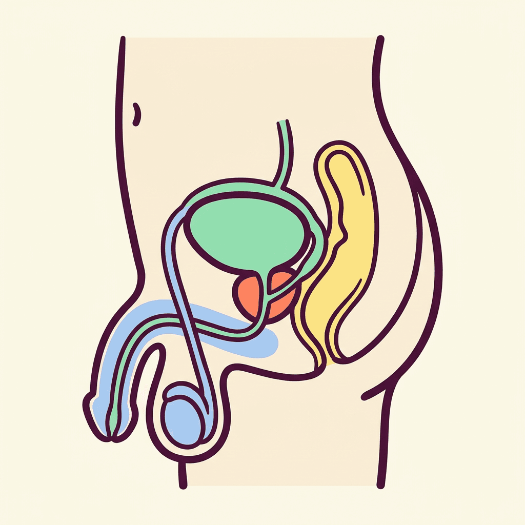 Cutaway side view of a man's pelvis. The bladder sits high at the front, the prostate is a small gland directly below it, and the rectum runs down the back of the pelvis pressed right up against the prostate.